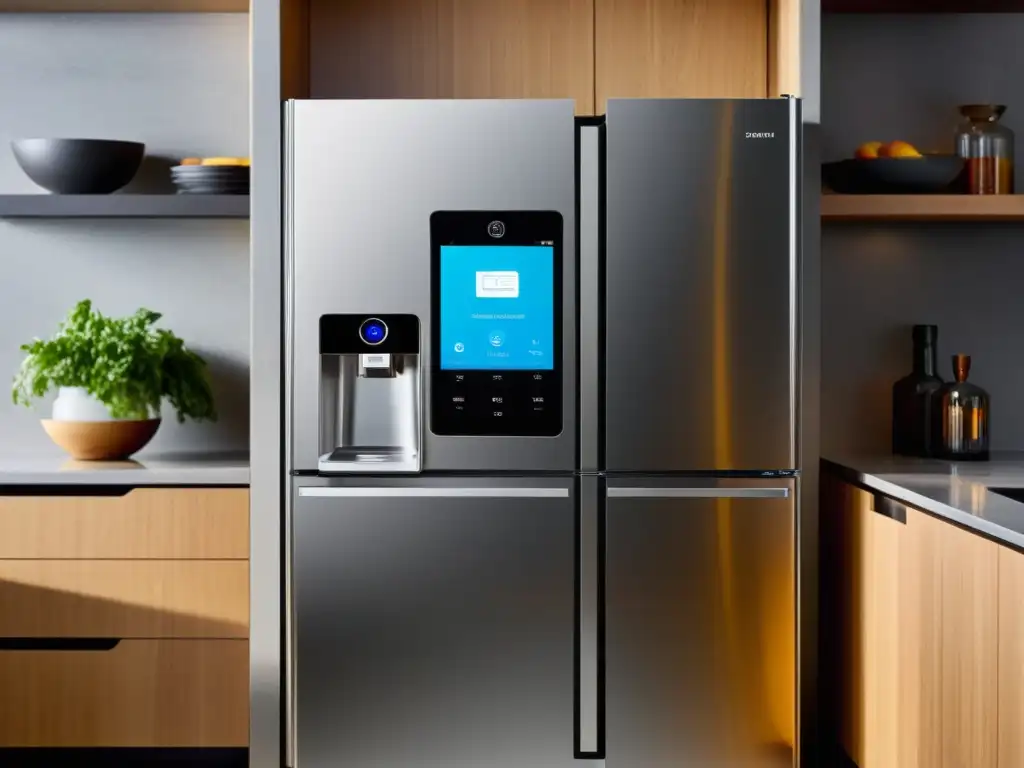 Refrigerador inteligente y seguro en cocina moderna Moderno frigorífico inteligente con cámara de seguridad integrada en una cocina de diseño, para la mejor seguridad en electrodomésticos inteligentes