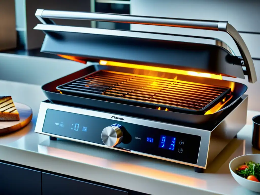 Parrilla de contacto moderna en acción: diseño elegante y cocinado vibrante Un moderno grill de contacto en una elegante cocina, asando alimentos con vapor y brillo, el mejor grill para asados en casa