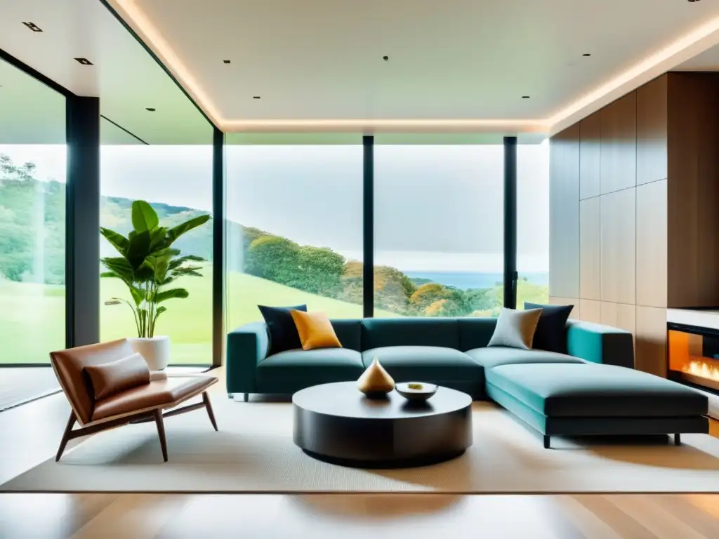 Sala moderna con tecnología inteligente y diseño elegante Moderno salón con tecnología hogar integrada y regulaciones legales tecnología hogar en un ambiente elegante y acogedor
