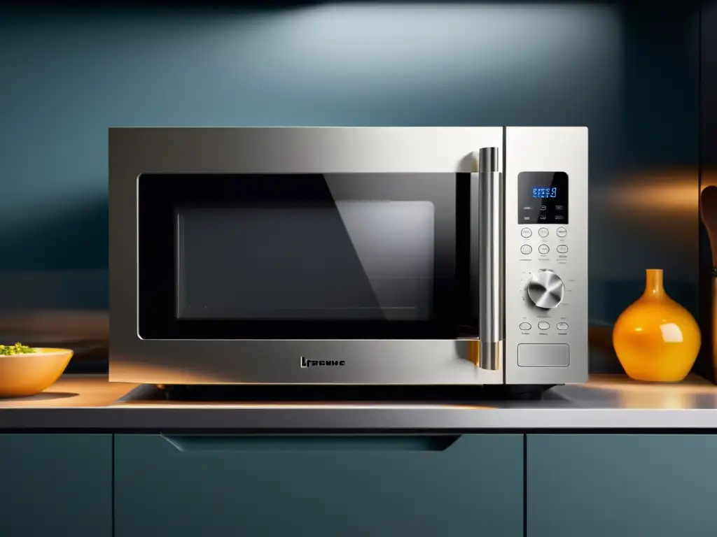 Microondas de acero inoxidable con puerta transparente en cocina moderna Un moderno horno de microondas de acero inoxidable con iluminación LED suave, rodeado de electrodomésticos de cocina minimalistas