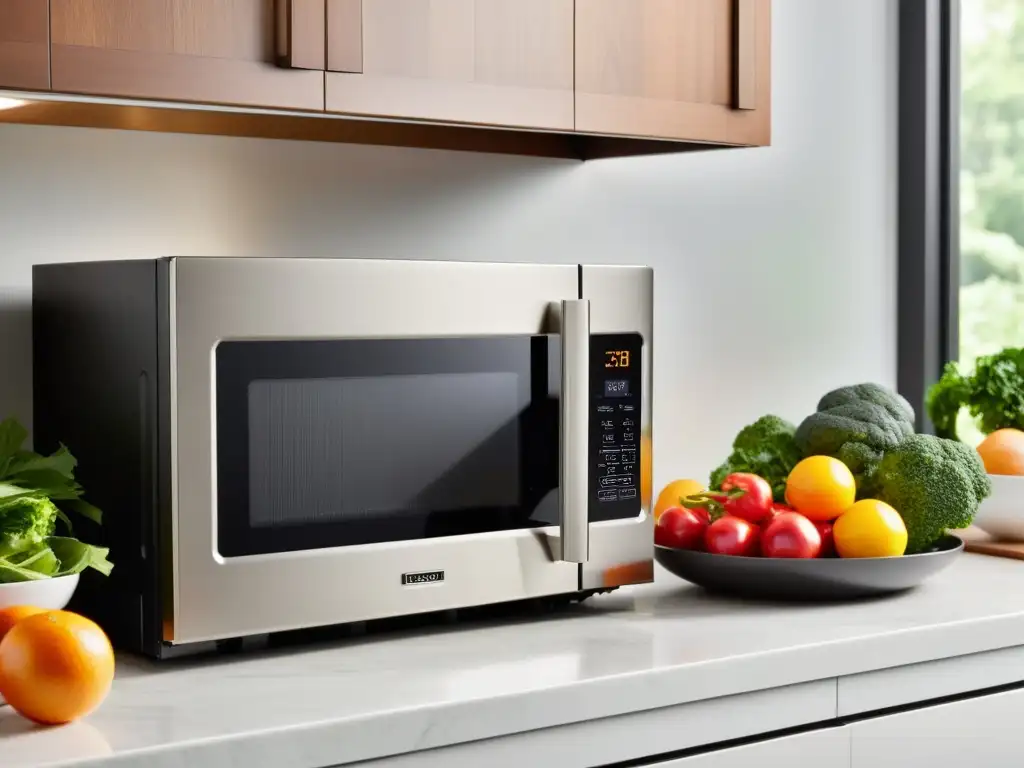 Microondas de acero inoxidable en cocina elegante Un moderno horno microondas de acero inoxidable en una cocina elegante, con accesorios y productos frescos