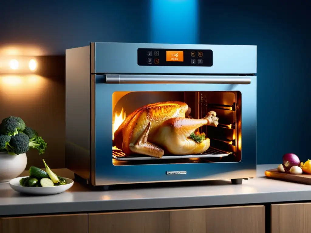 Deliciosa cena dorada en Horno de Convección HIJ Un moderno Horno de Convección HIJ ilumina un pollo asado dorado rodeado de verduras, mostrando los beneficios del Horno de Convección HIJ