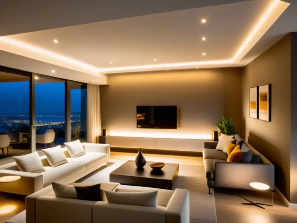 Sala moderna con iluminación inteligente, ambiente acogedor Moderno salón con iluminación inteligente creando ambiente acogedor