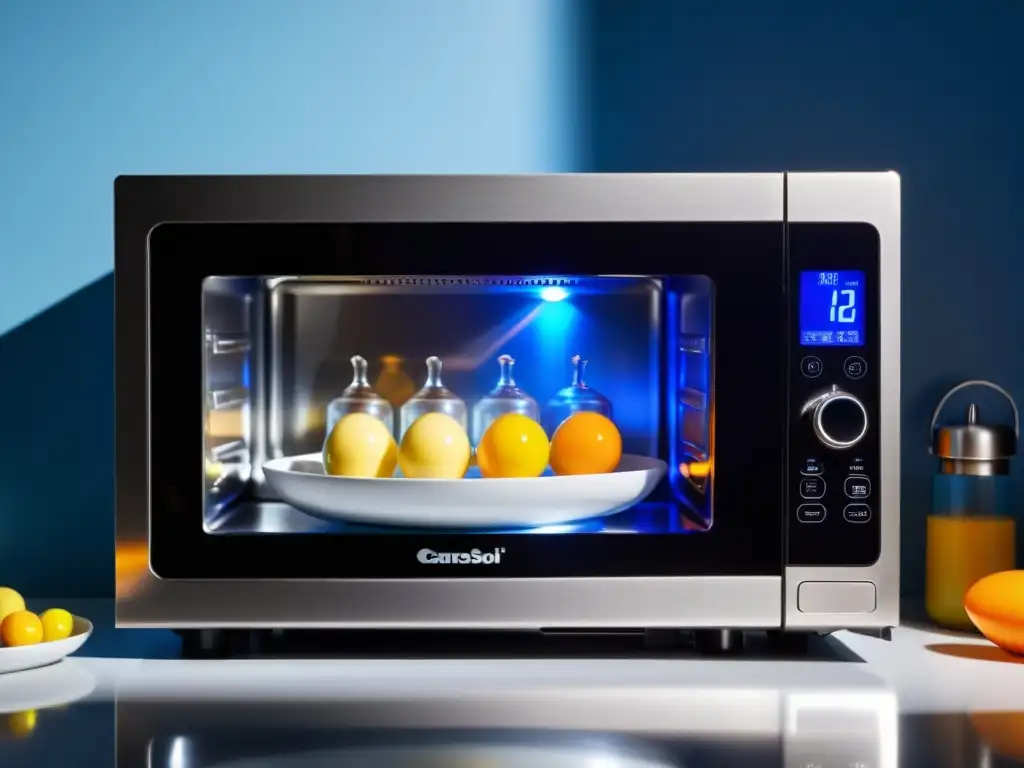 Esterilizador de biberones y chupetes de acero inoxidable: futurista y eficiente Un moderno microondas de acero inoxidable con función de esterilización, iluminado suavemente con luz UV azul, esterilizando biberones y chupetes