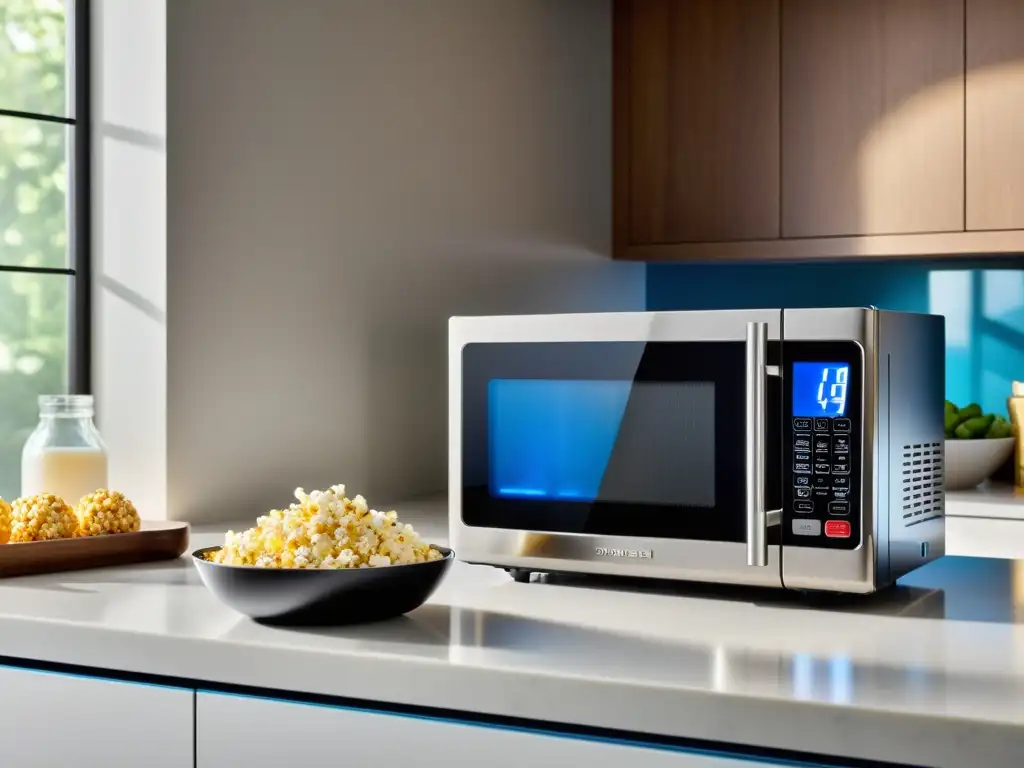 Microondas de acero inoxidable con palomitas de maíz frescas Moderno microondas de acero inoxidable en una cocina minimalista con palomitas de maíz frescas, creando un ambiente cálido y sofisticado