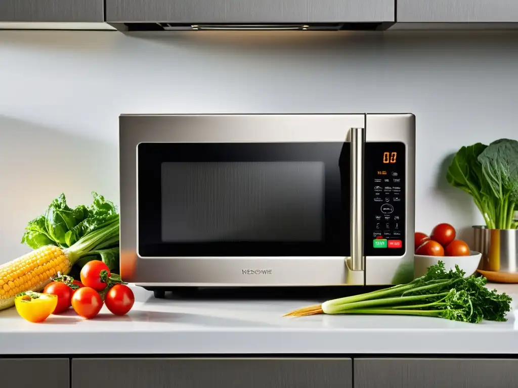 Microondas de acero inoxidable en una escena vibrante de cocina Un moderno microondas de acero inoxidable rodeado de ingredientes frescos