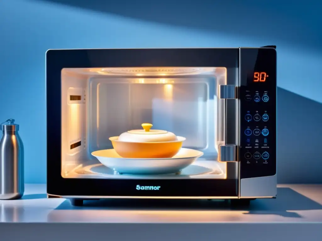 Microondas moderno esterilizando biberones y utensilios de cocina Un moderno microondas con función de esterilización ilumina delicadamente biberones y utensilios de cocina en una atmósfera de limpieza y modernidad