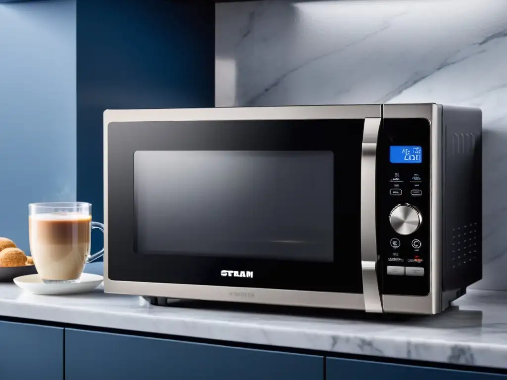 Microondas de acero inoxidable negro con ambiente cálido de cocina Un moderno microondas en una elegante cocina, iluminado con una cálida luz azul