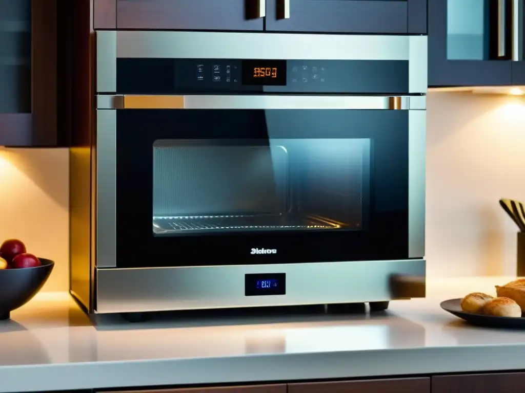 Microondas moderno con pantalla táctil y comida al vapor Un moderno microondas con pantalla táctil y ajustes personalizables, mostrando un plato de comida caliente