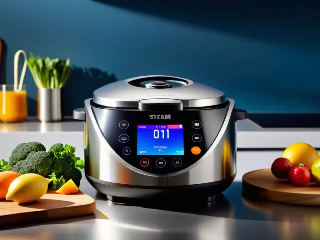 Un moderno mostrador de cocina con un elegante multicooker de acero inoxidable en el centro, rodeado de ingredientes frescos y coloridos