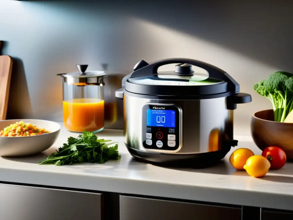 Un moderno multicocedor con pantalla digital y acabado de acero inoxidable en una encimera impecable