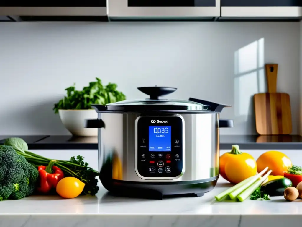 Un moderno multicocinador con pantalla táctil y acabado de acero inoxidable, rodeado de ingredientes frescos en una encimera de cocina blanca
