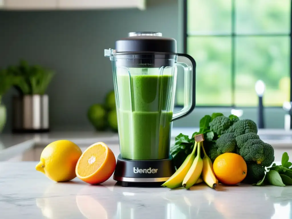 Batidora moderna con smoothie verde vibrante Un moderno y potente blender con un smoothie verde vibrante, rodeado de frutas frescas y verduras