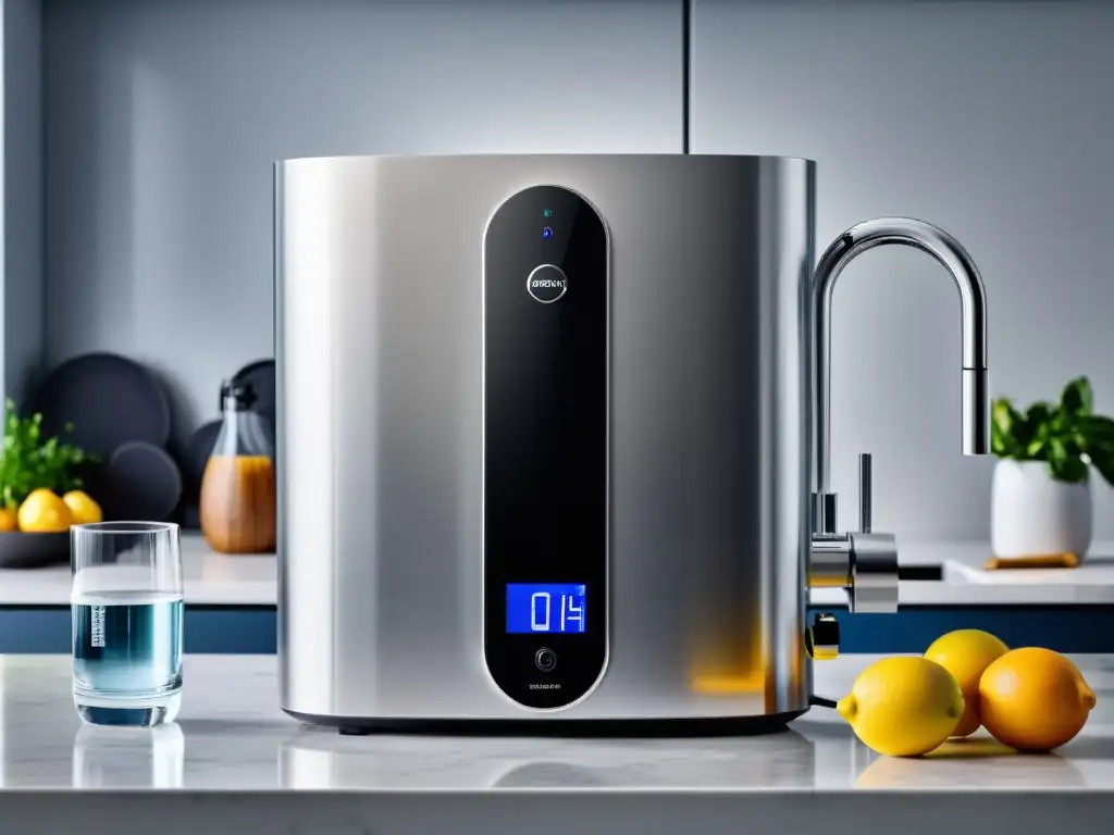 Purificador de agua de ósmosis inversa: tecnología avanzada en cocina Un moderno purificador de agua por ósmosis inversa en una cocina minimalista, resaltando su tecnología avanzada y pureza del agua