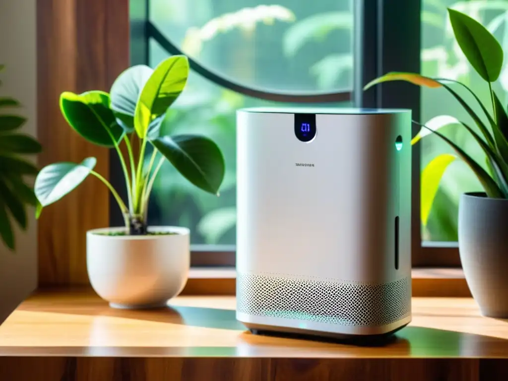 Purificador de aire moderno en un ambiente fresco y luminoso Un moderno purificador de aire en una habitación soleada, con una pantalla táctil y suave iluminación LED
