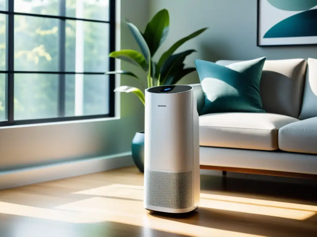 Un moderno purificador de aire en un salón luminoso, resaltando su diseño minimalista