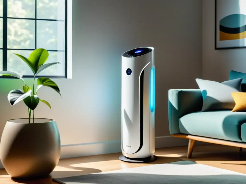 'Un moderno purificador de aire y ventilador en un salón minimalista iluminado por el sol