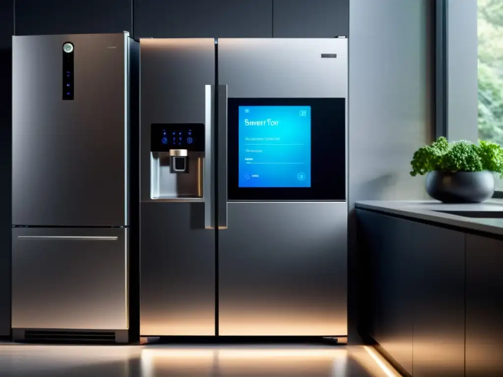Refrigerador inteligente: seguridad y tecnología futurista Moderno refrigerador inteligente con notificación de seguridad y PIN
