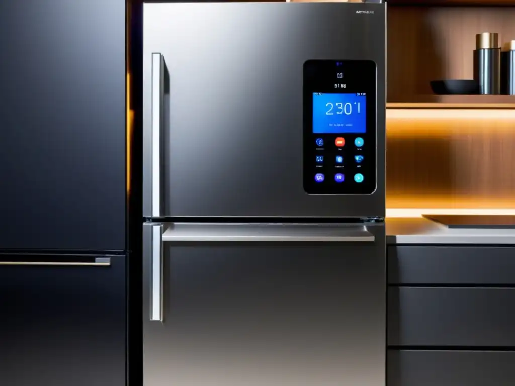 Refrigerador inteligente con pantalla táctil y control por voz Un moderno refrigerador inteligente con pantalla táctil y capacidades de voz, integrado en una cocina elegante y moderna