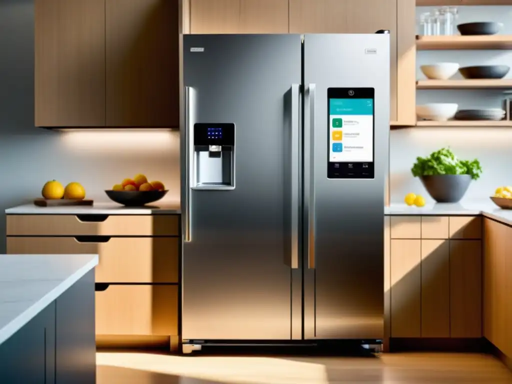 Refrigerador inteligente moderno con accesibilidad inclusiva Un moderno refrigerador inteligente con pantalla táctil y opciones accesibles