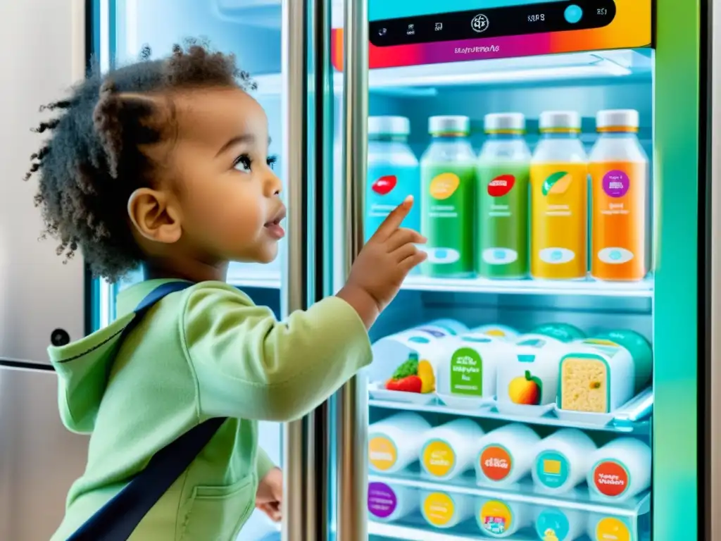 Un moderno refrigerador inteligente con seguro para niños, diseño elegante y pantalla táctil interactiva