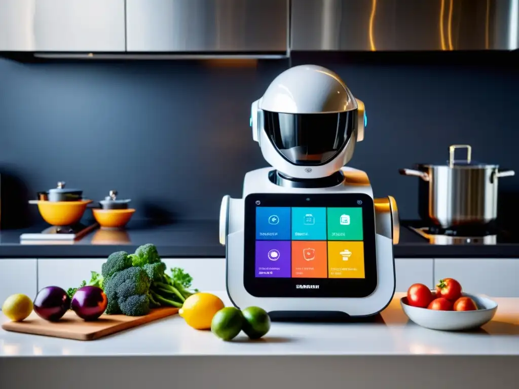 Robot de cocina de alta tecnología Un moderno robot de cocina con pantalla táctil y accesorios para diversas tareas culinarias