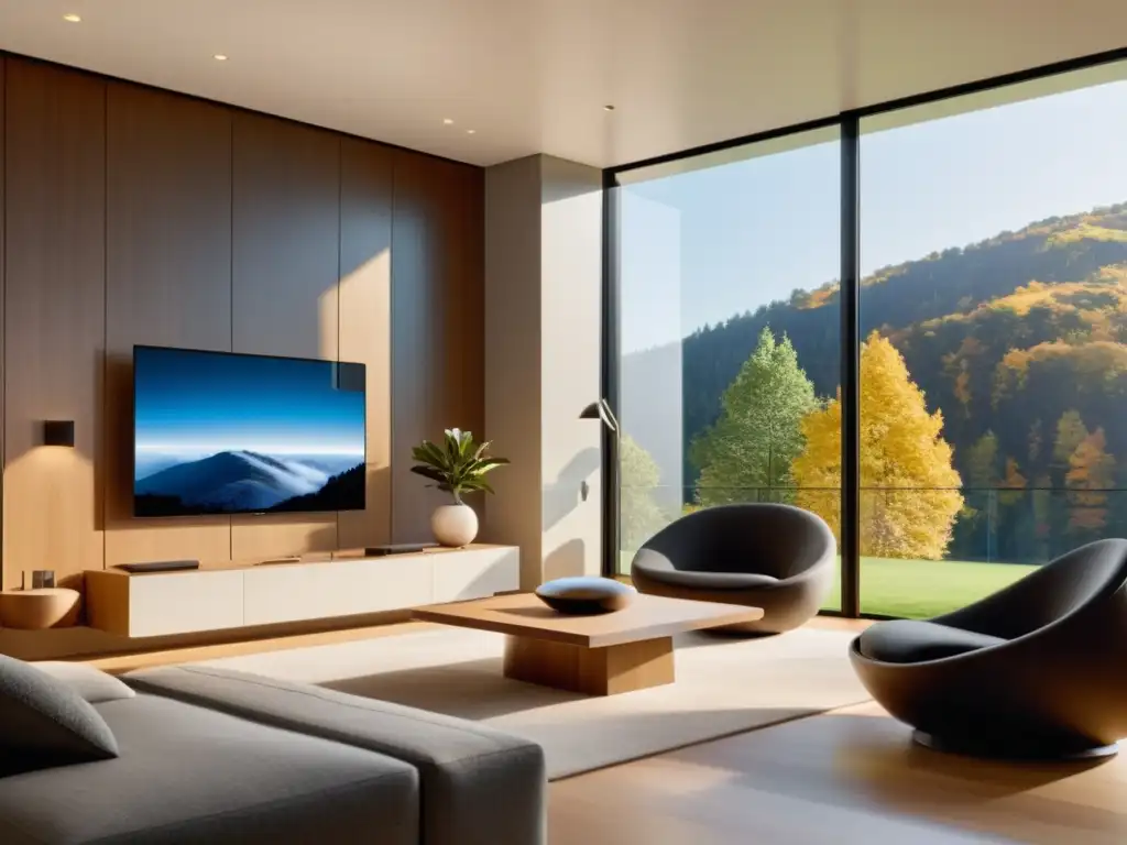 Moderno salón integrando dispositivos Apple HomeKit en hogar, creando ambiente acogedor y confortable para la vida diaria de la familia