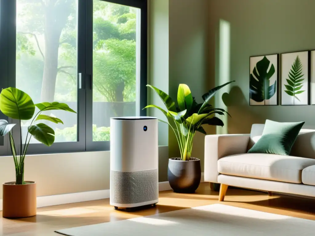 Espacio moderno con purificador de aire y plantas Un moderno salón con grandes ventanales que dan a un exuberante jardín, iluminado por la luz del sol