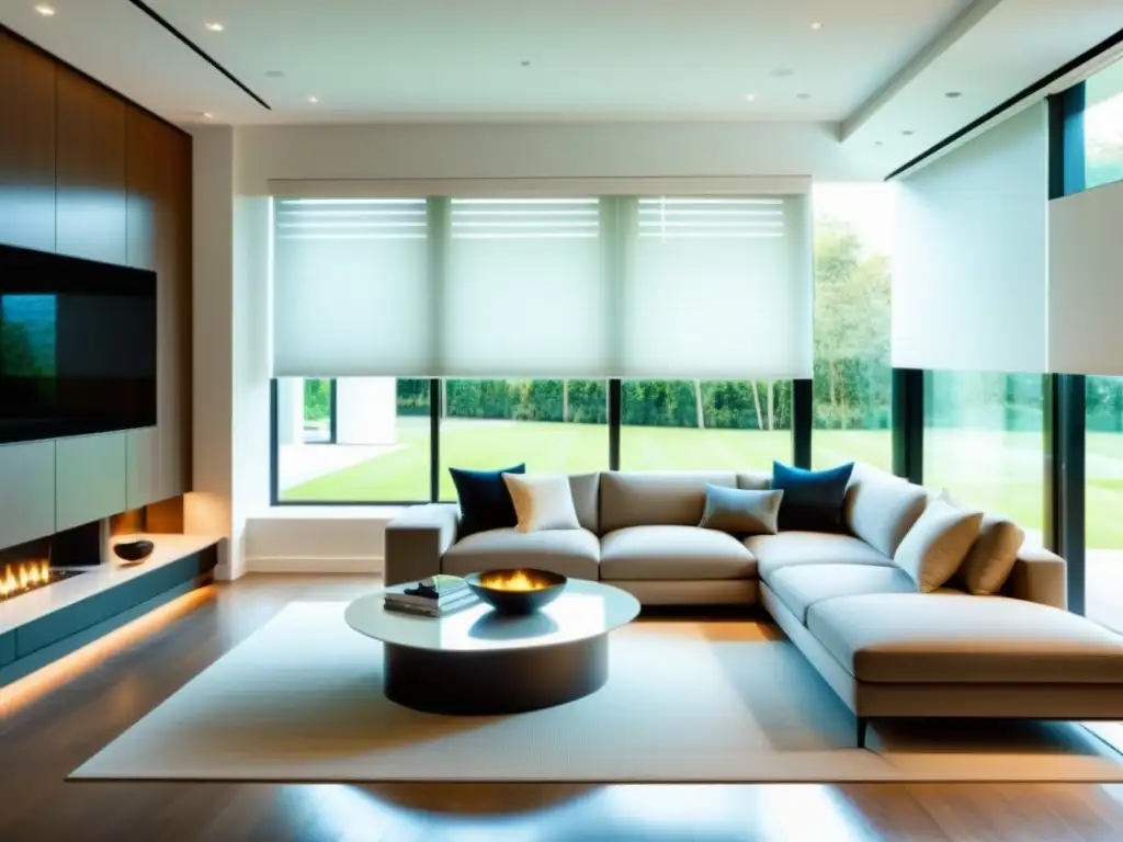 Salón moderno con ventanas de piso a techo y persianas automatizadas Un moderno salón con persianas y cortinas automatizadas, integrando tecnología futurista en una decoración minimalista y elegante