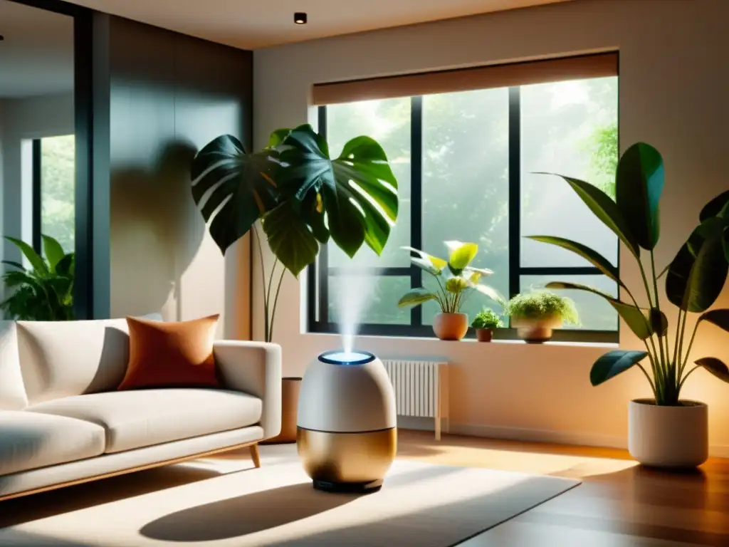 Salón minimalista con purificador de aire y humidificador elegante Un moderno salón con purificador de aire minimalista y elegante, junto a un elegante humidificador para mejorar el ambiente con purificador aire