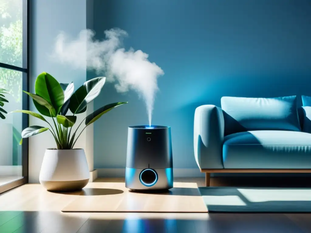 Salud y bienestar en un salón moderno con purificador y humidificador Un moderno salón con purificador y humidificador, mejora ambiente con purificador aire, luz natural y plantas