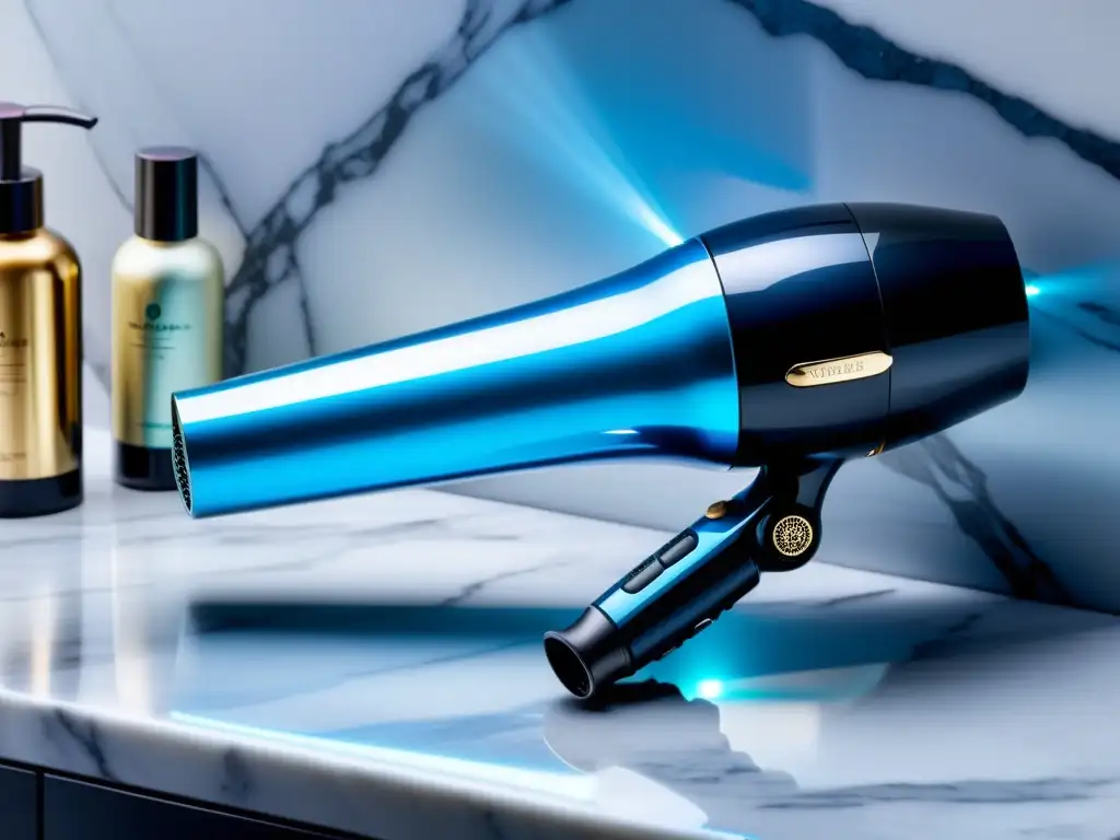 Secador de pelo moderno: tecnología iónica para un cabello liso y brillante Un moderno secador de pelo con tecnología iónica emite un suave brillo azul, rodeado de productos de cuidado capilar