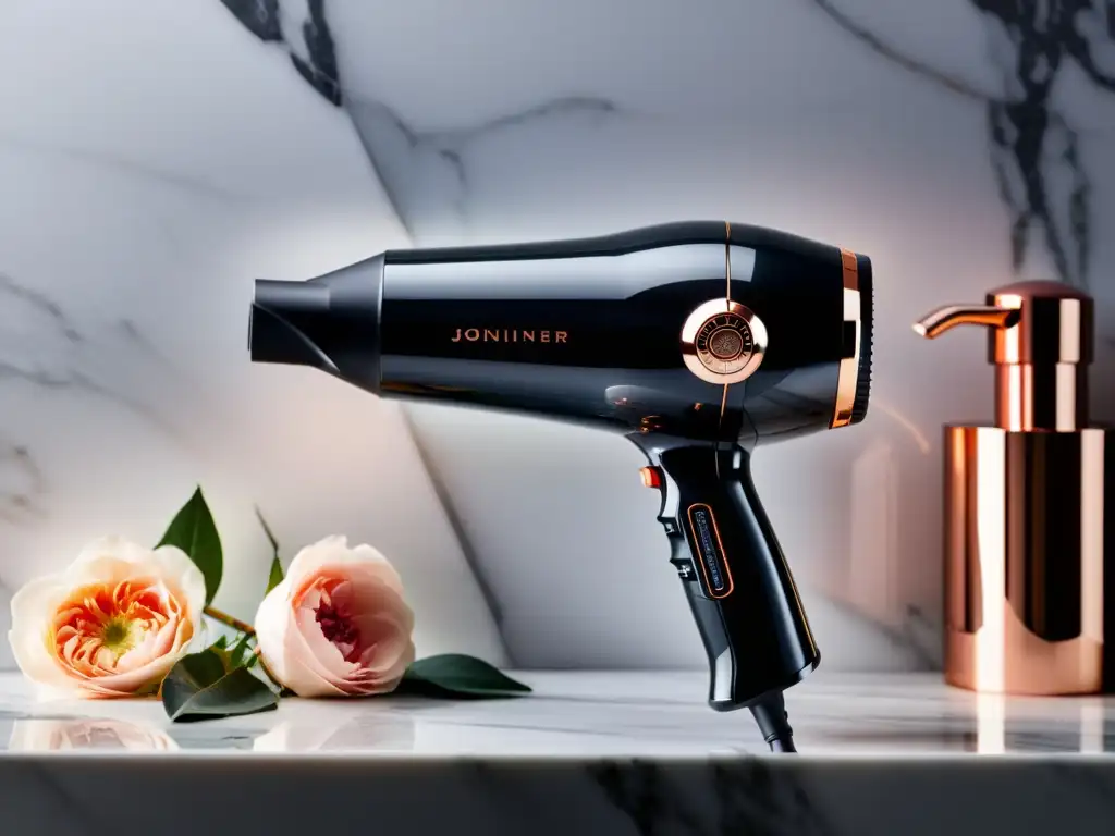 Secador de pelo moderno en acabado negro brillante y detalles en oro rosa Un moderno secador de pelo con tecnología iónica en un elegante entorno de baño de lujo