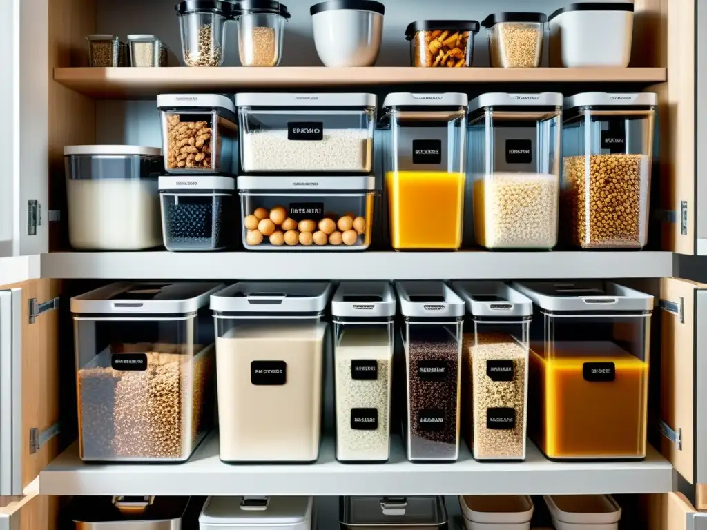 Sistema moderno de organización de despensa: orden y eficiencia Un moderno sistema de organización para despensa con estantes ajustables y contenedores transparentes, creando un espacio de almacenamiento eficiente para una cocina inteligente
