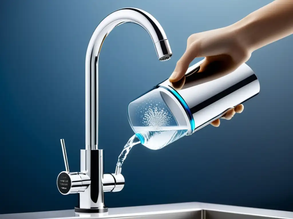 Purificación perfecta: sistema de filtración de agua futurista en la cocina Un moderno sistema de filtración de agua en grifo, purificando el agua para un vaso transparente