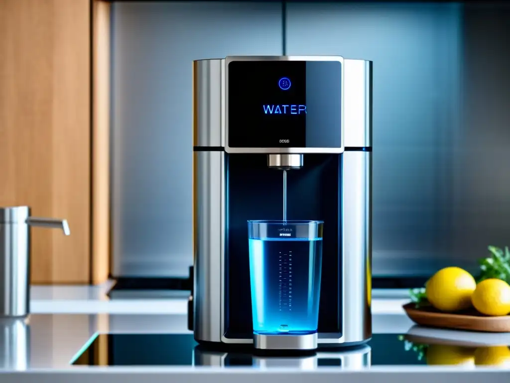 Filtra el futuro: sistema moderno de purificación de agua Un moderno sistema de filtración de agua inteligente en una cocina elegante, purificando el agua