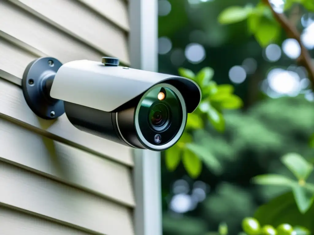 Cámara de seguridad para hogar: tecnología avanzada y tranquilidad Un moderno sistema de seguridad para el hogar, montado en una pared exterior