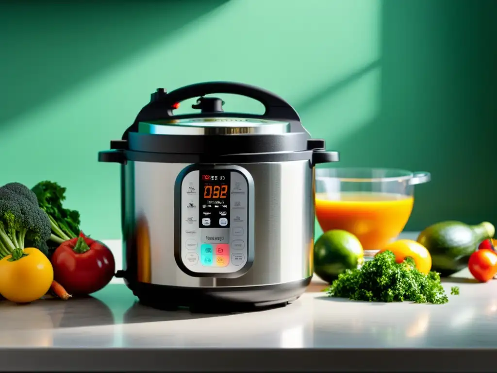 Cocina inteligente: Presión y frescura en un vistazo Un moderno software ollas a presión inteligentes rodeado de ingredientes frescos y coloridos, en una cocina minimalista con luz natural