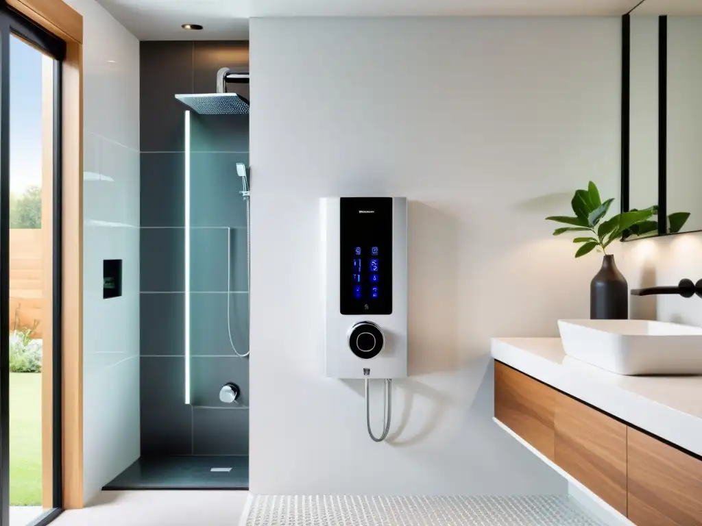 Calentador de agua sin tanque en baño moderno Un moderno termo sin tanque en un elegante baño contemporáneo