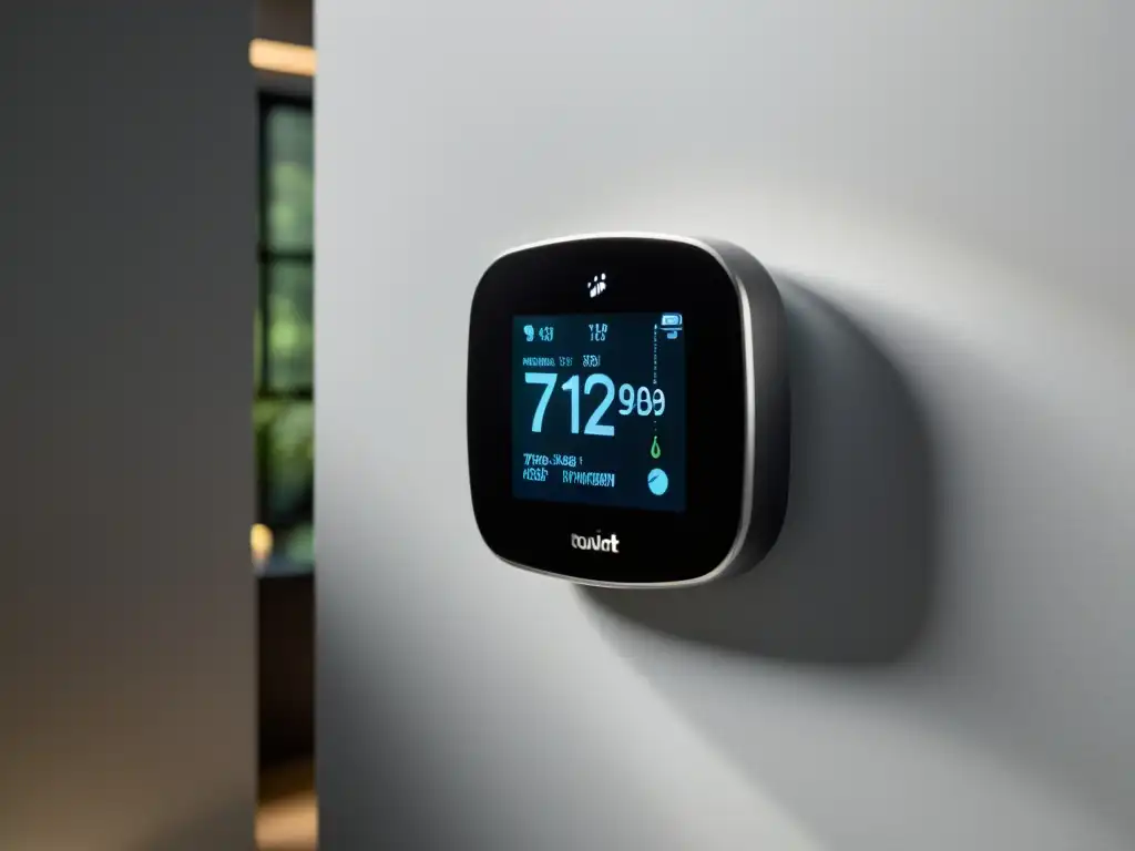 Termostato digital de diseño moderno en pared blanca Un moderno termostato digital montado en una pared blanca, con iluminación suave
