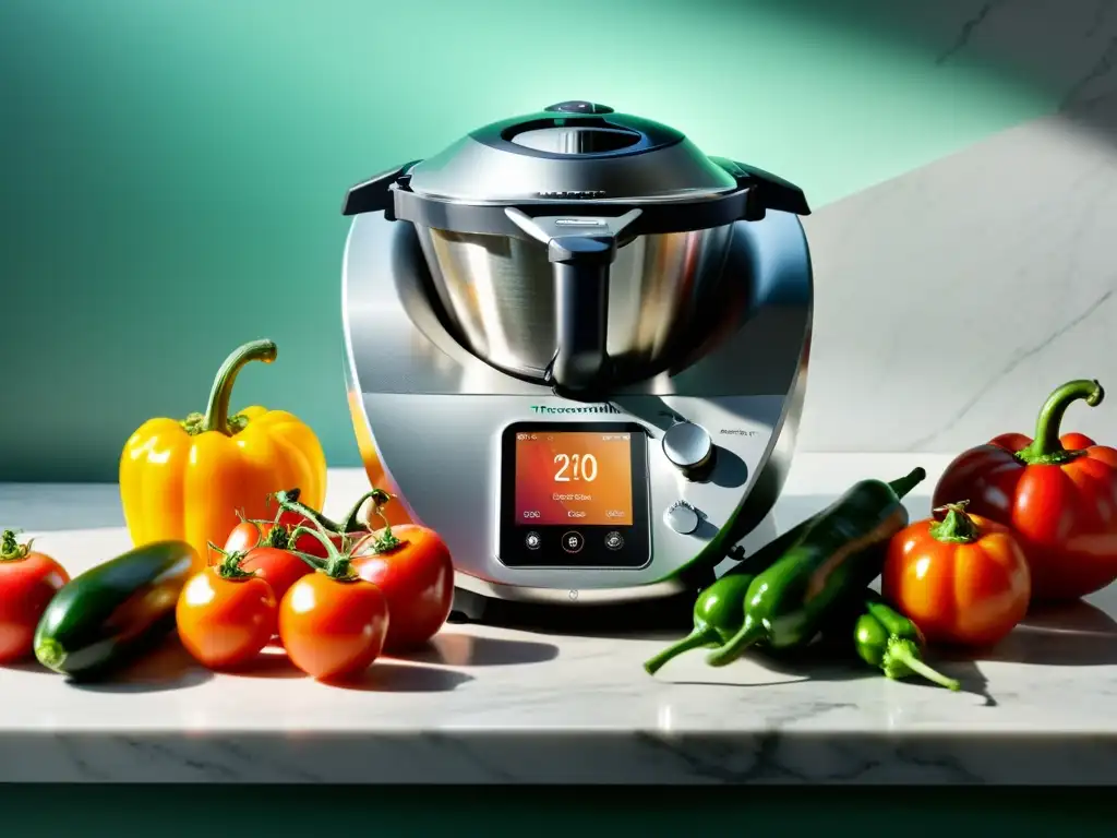 Thermomix TM6: Innovación culinaria en acción El moderno Thermomix TM6 en acción en una encimera de mármol rodeado de ingredientes frescos