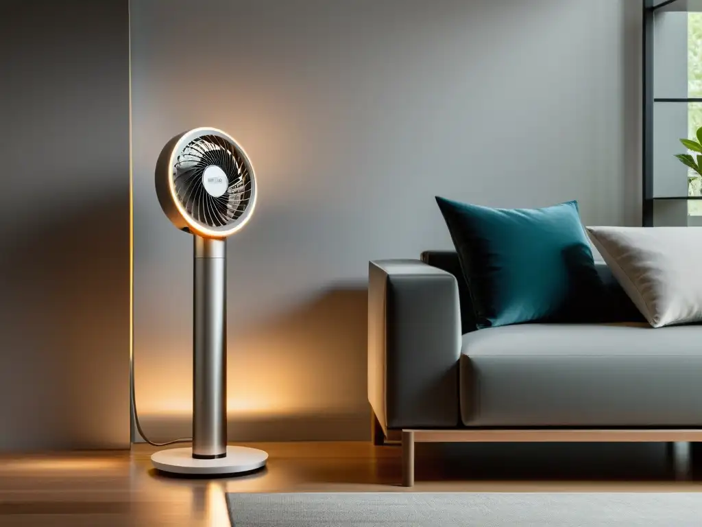 Un moderno ventilador tecnológico en un elegante salón contemporáneo