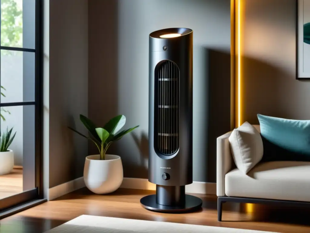 Elegante ventilador de torre moderna en sala acogedora Un moderno ventilador de torre en un acogedor salón pequeño, dispersando una suave brisa