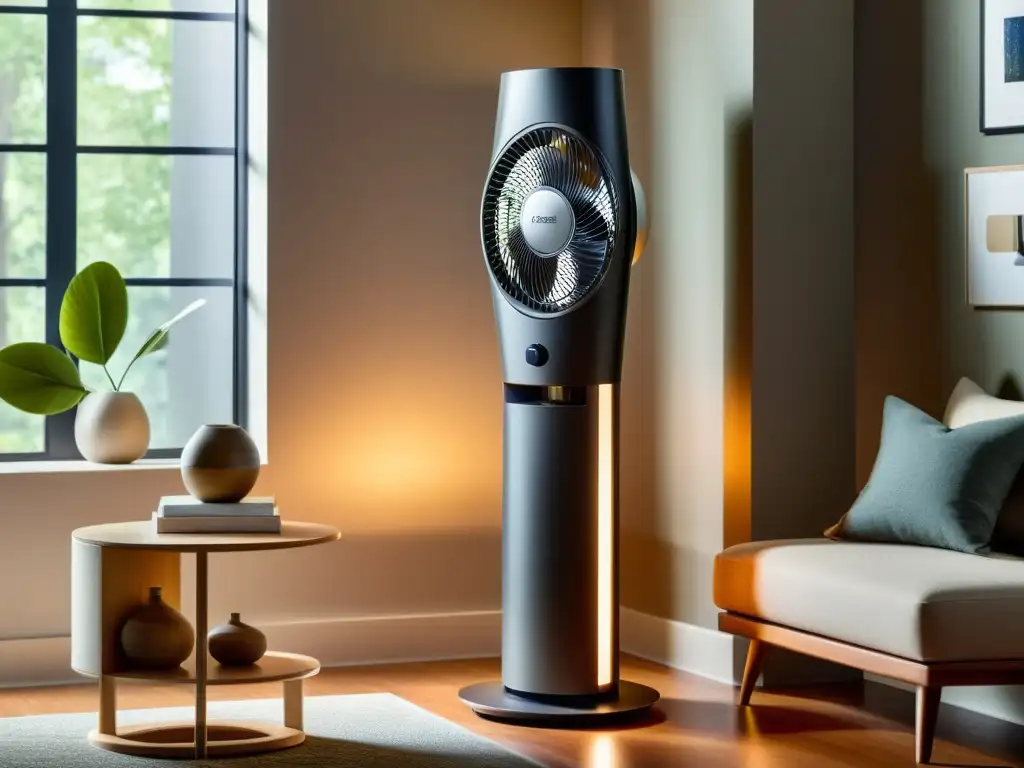 Ventilador de torre moderno: brisa suave en salón acogedor Un moderno ventilador de torre en un acogedor salón, dispersando una suave brisa
