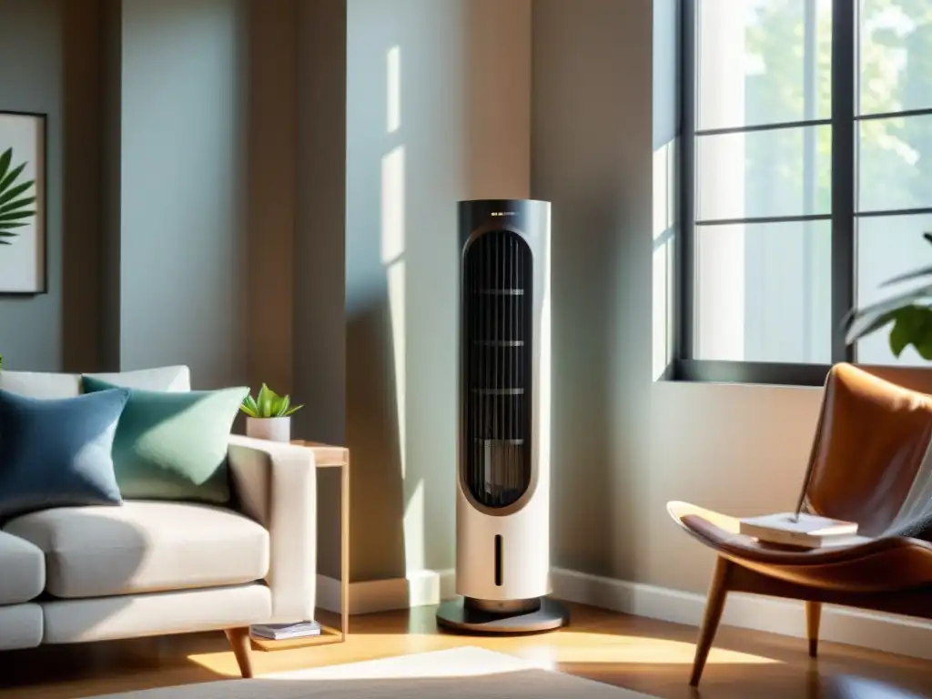 Ventilador de torre moderno para espacios pequeños Un moderno ventilador de torre en un acogedor salón, creando una atmósfera calmada