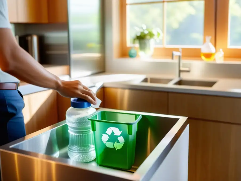 Elegante cocina ecofriendly: reciclaje detallado Un momento íntimo en una cocina moderna y ecológica, con reciclaje de vidrio, plástico y papel