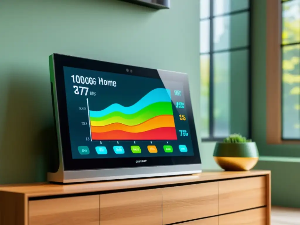 Monitor de energía inteligente en hogar moderno Monitor de energía para el hogar, muestra datos de consumo en una sala minimalista, promoviendo la gestión eficiente del consumo energético