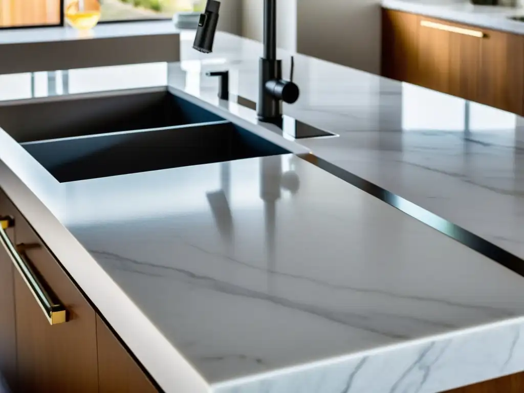Encanto en Mármol: Manualidad de Personalizar Batidora Un mostrador de cocina de mármol blanco pulido con materiales DIY para personalizar licuadora