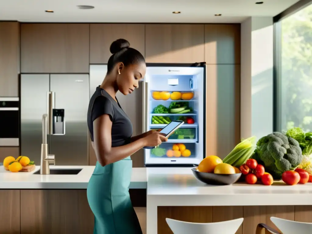 Empoderamiento en la cocina: Mujer moderna, tecnología avanzada Una mujer en una cocina moderna, empoderada y multitarea con electrodomésticos avanzados, contribuyendo a la emancipación femenina