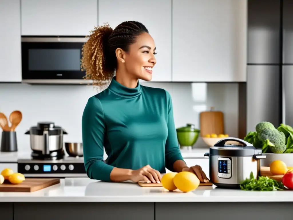 Mujer empoderada usando electrodomésticos modernos Una mujer empoderada usando con confianza electrodomésticos modernos, contribuyendo a su emancipación femenina en la vida diaria